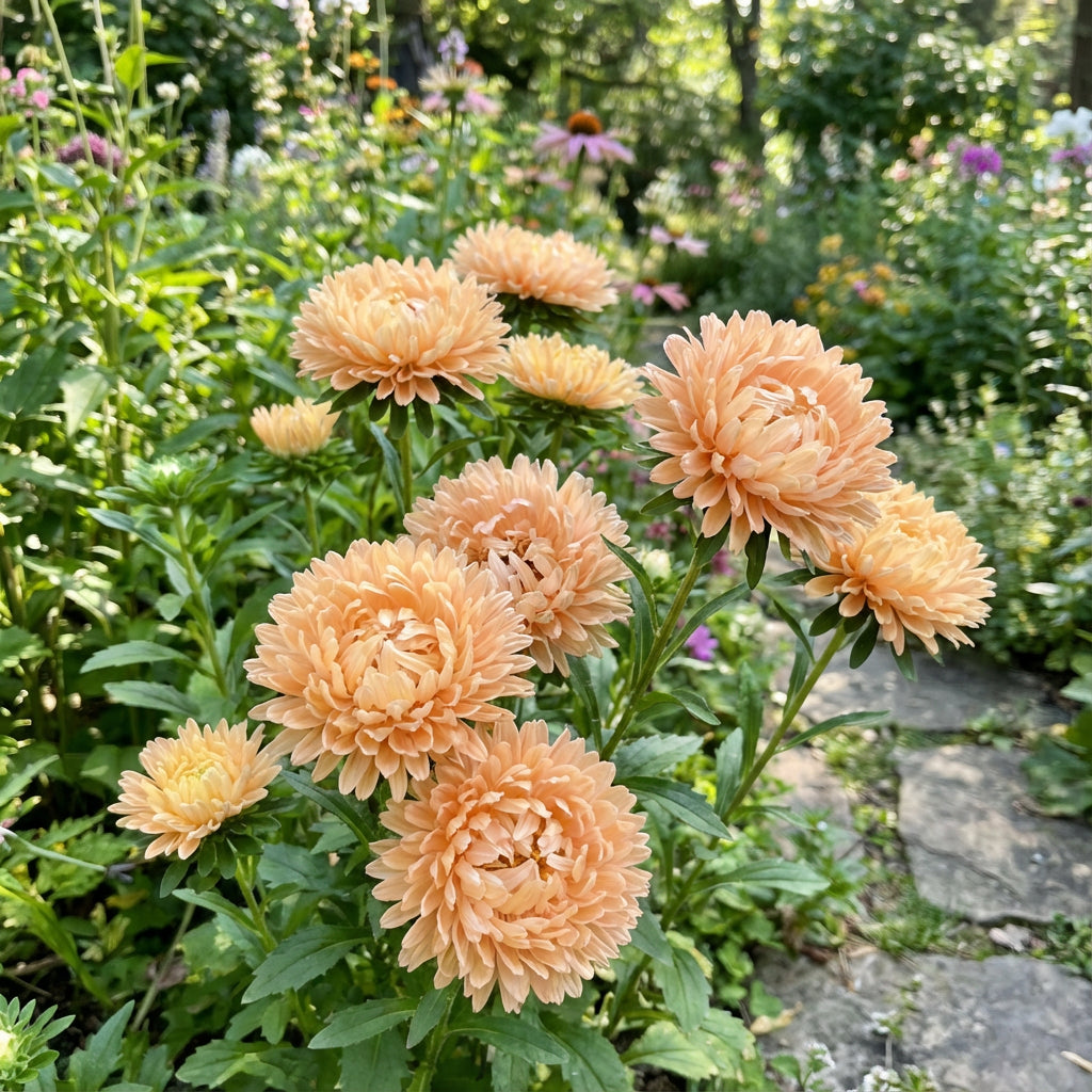 Aster Paeony Duchess Apricot Callistephus Chinensis – Dwarf Garden Flower Seeds