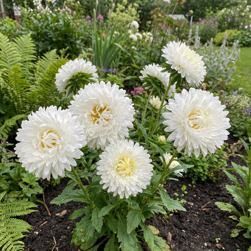 Aster Paeony Duchess White Callistephus Chinensis – Dwarf Garden Flower Seeds