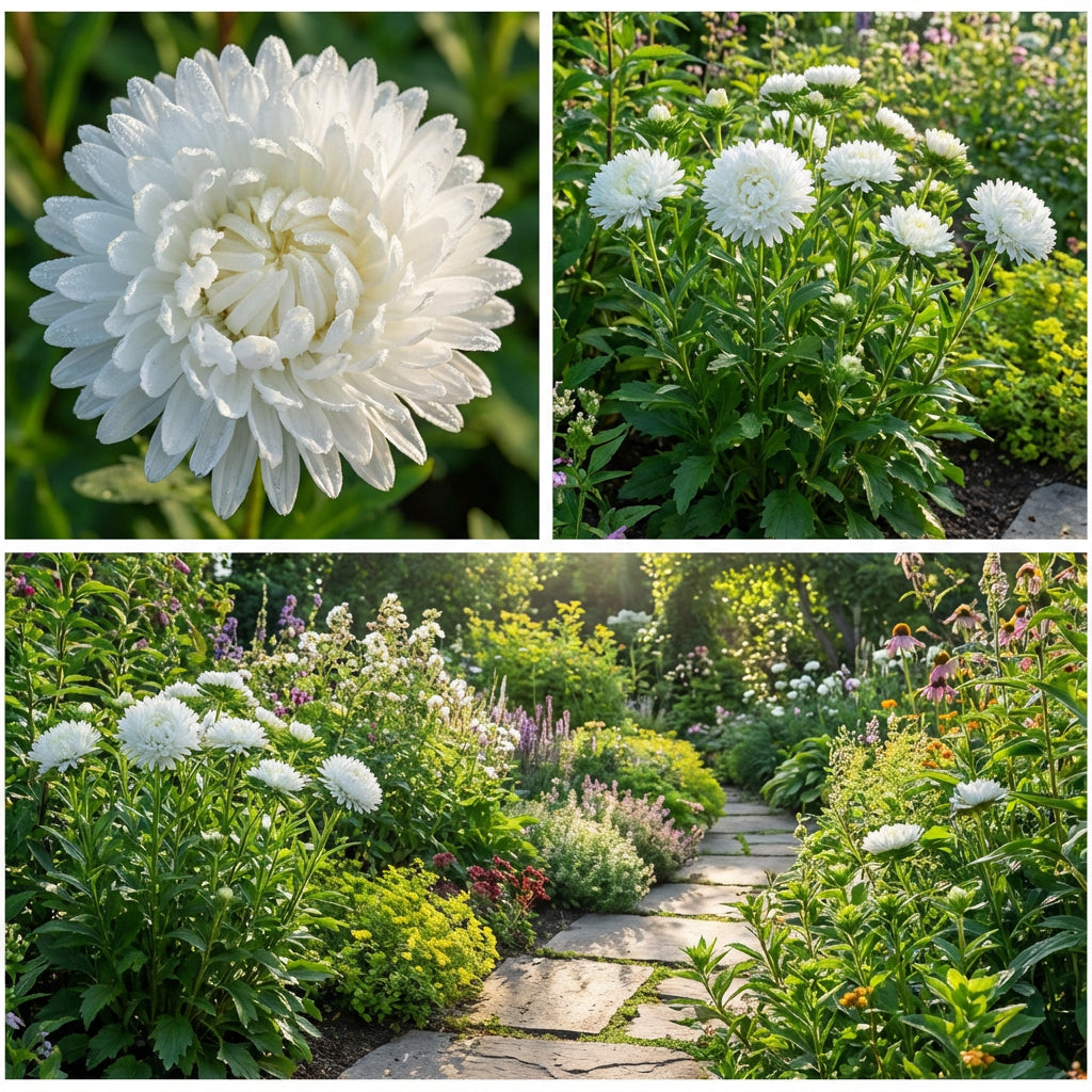 Aster Paeony Duchess White Callistephus Chinensis – Dwarf Garden Flower Seeds